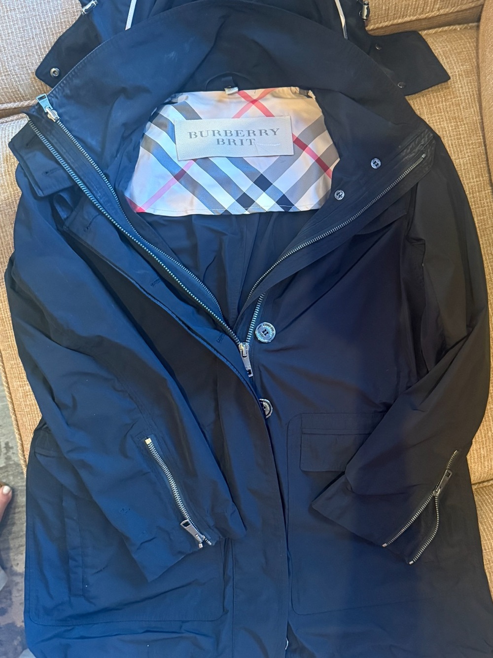 Burberry Black Hooded Raincoat with Signature Check Trim - Picture 6 of 13